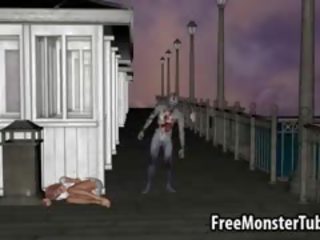 3D Redhead femme fatale Gets Fucked Outdoors By A Zombie