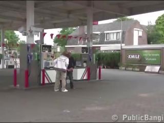 Very pregnant mademoiselle PUBLIC threesome at a gas station
